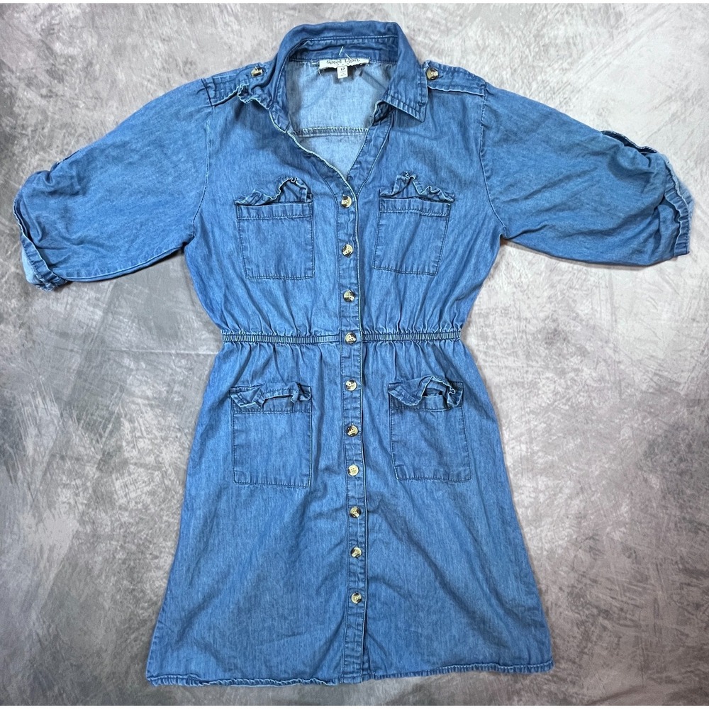 Speed Limit MPH Shirt Dress Womens 12 Blue Cotton Roll Tab Sleeve Button Front